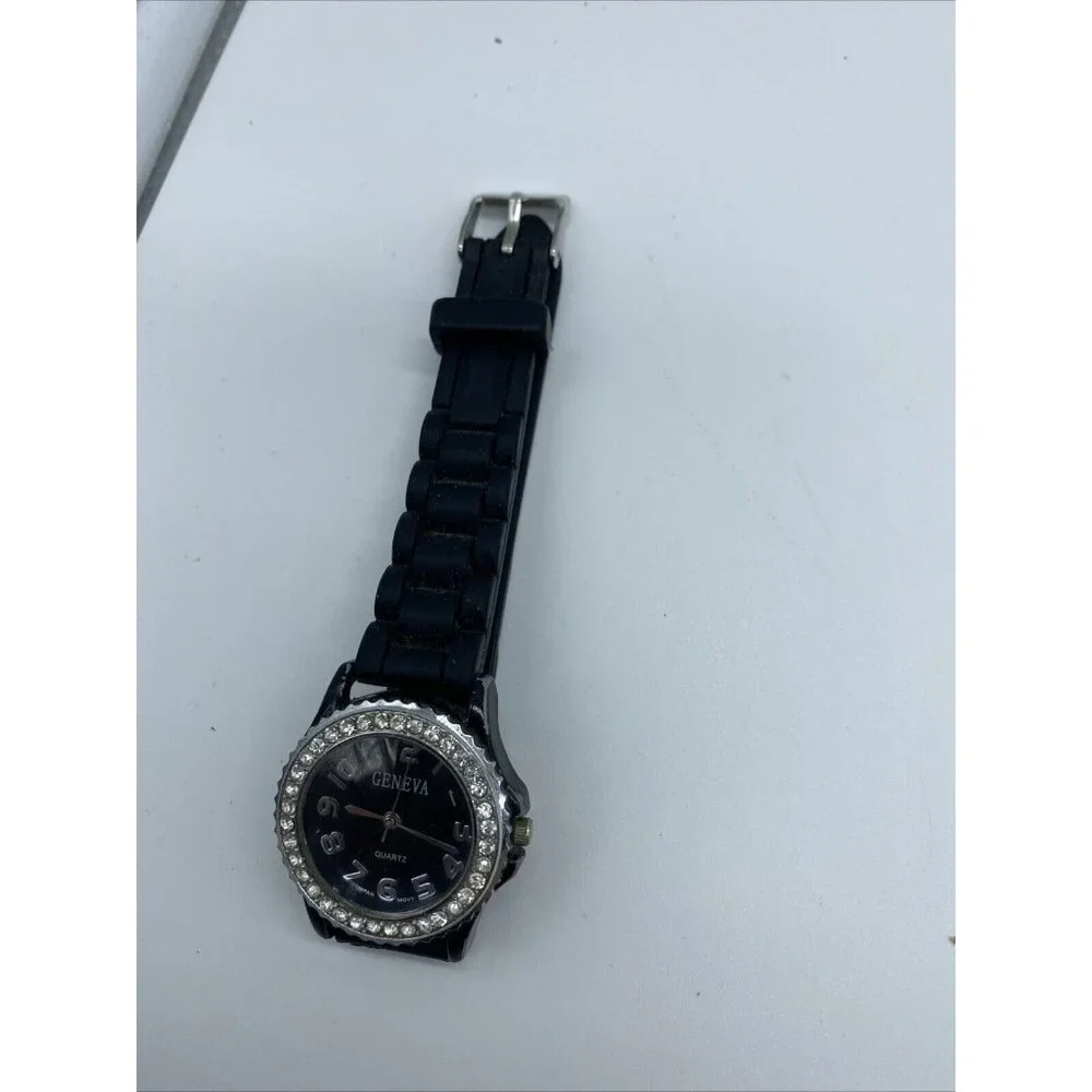 Geneva Wristwatch Women’s Rhinestones Encircled Face Black Silicone Band Classic